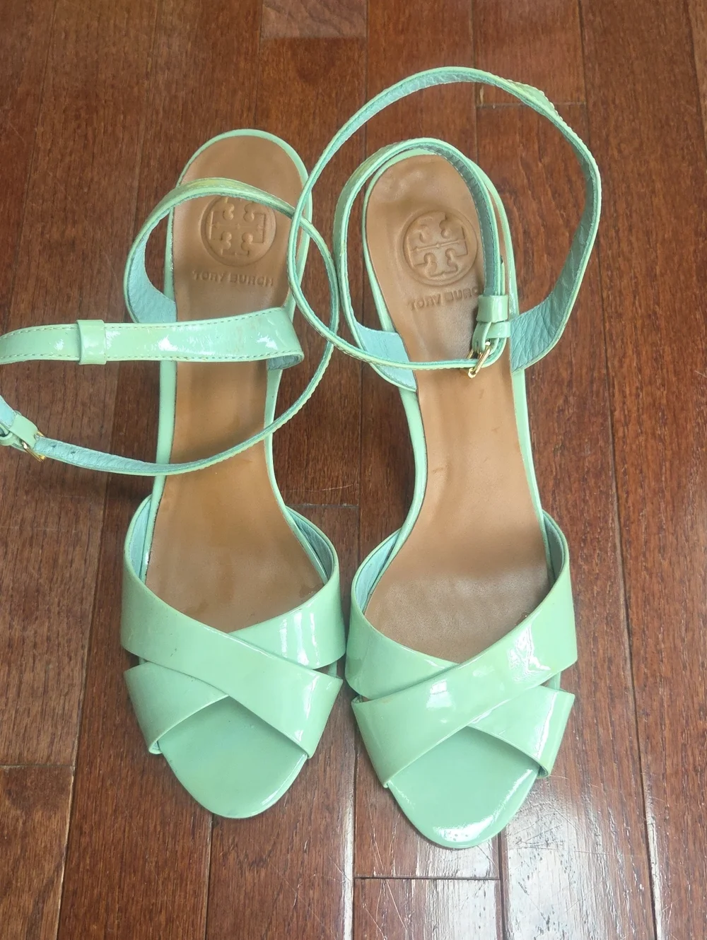 Tory Burch Mint Patent Crisscross Ankle-Strap Sandals